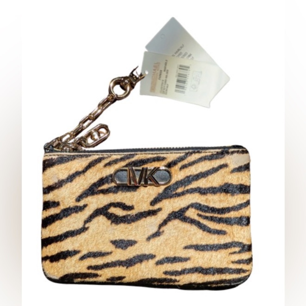 Michael Kors Parker Small Key Card Holder tigerprint calf hair marigold colorNWT